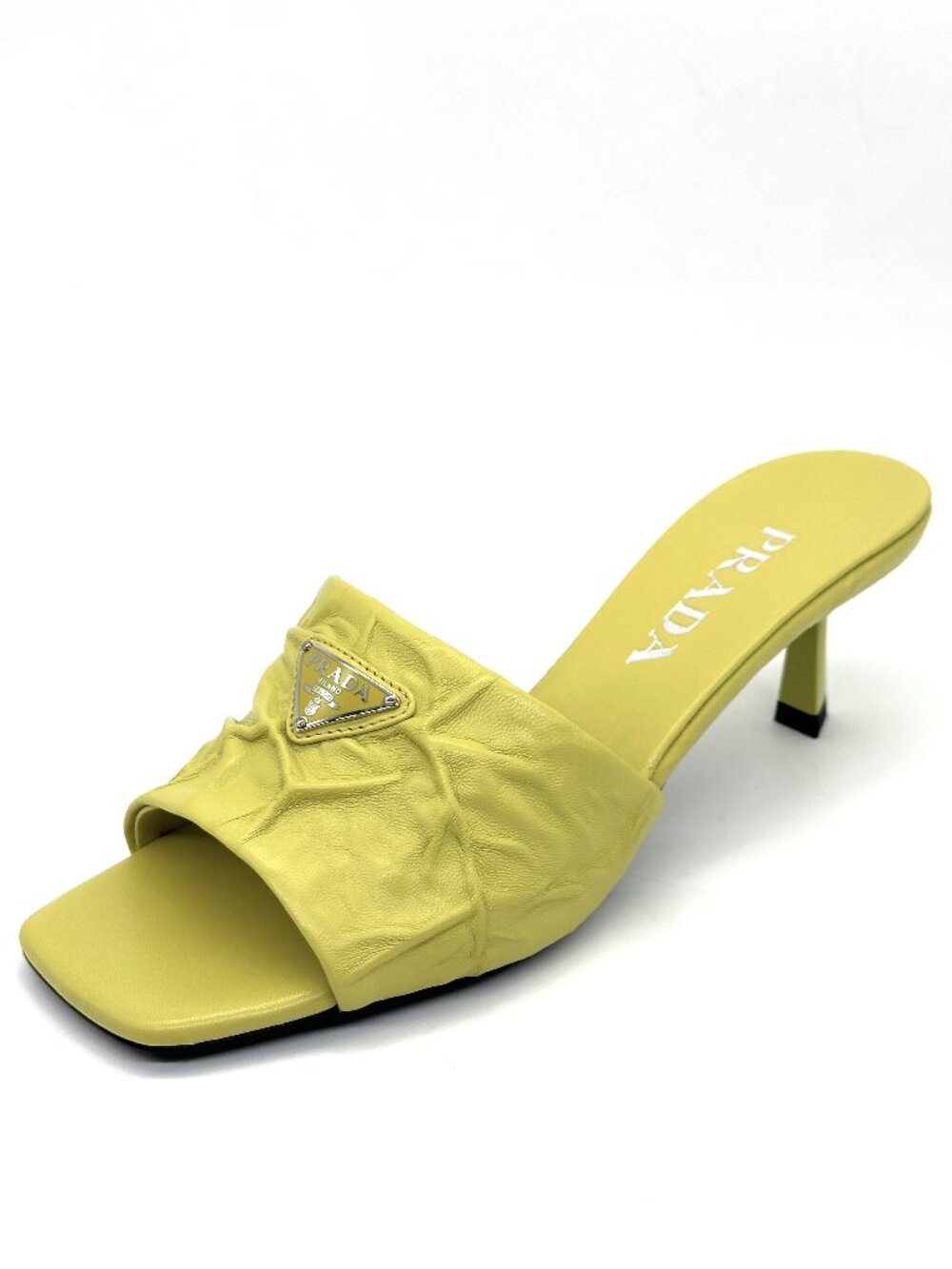 PRADA Signature Logo Antique Crinkled Leather Mules Sandals Heels Shoes